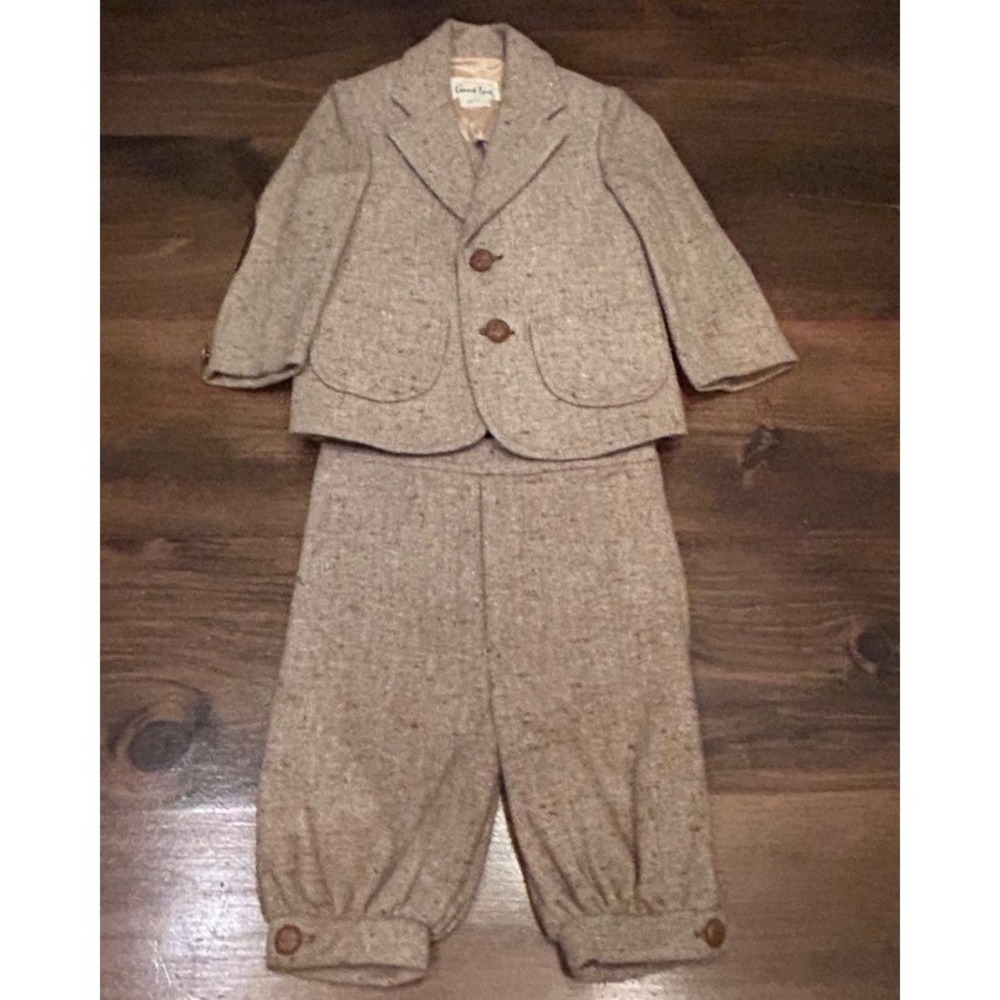 Vintage 1980 Good Lad 3-Piece Tweed Suit 2T Tan Blazer Vest Knickers Elbow Pad